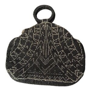 Unbranded Vintage Beaded Evening Bag Small Black Gold Geometric Art Deco Purse